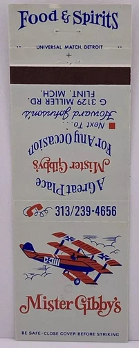 Mister Gibby’s Food & Spirits, Flint Michigan, Matchbook Cover