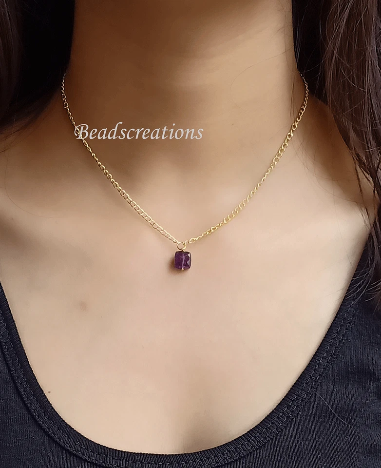 925 Sterling Silver Natural Amethyst Box Beads Chain Necklace For Christmas Gift - Изображение 2 из 4