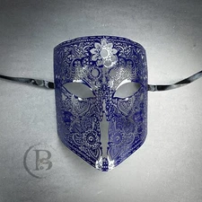 Bauta Mask: Men's Masks - Full Face Metal Masquerade Mask Navy Blue