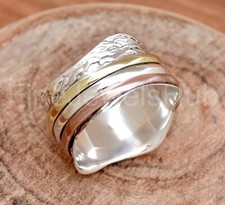 925 Sterling Silver Women Three Tone Spinner Ring Handmade Thumb Band Jewelry