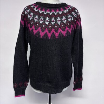 Brora Fair Isle Jumper Size 10 Black Purple Knit Yoke Mohair Wool