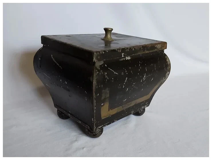 Antique 19th Primitive Folk Art Toleware Tea Caddy Tin Box - Image 2 of 4