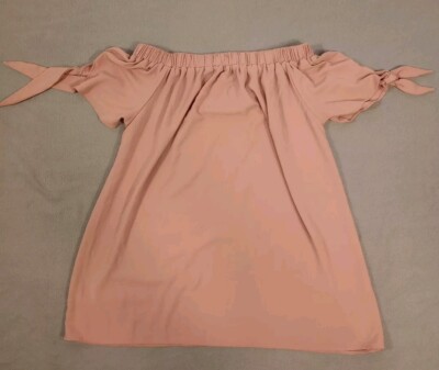 Cover Stitched Top Women's Small Pink Off Shoulder Short Sleeve Tie Up Sleeves