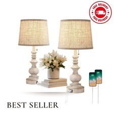 Table lamps set of 2 farmhouse bedside lamps with usb charging ports wooden fini