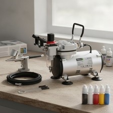 Airbrush Kit, AS18-2K, Compressor, Double-Action Gravity Feed, 0.30mm, 5 Paints