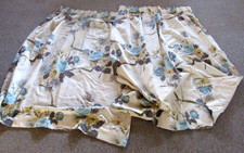 VTG MCM Nubby  Barkcloth Curtain Panels Blue gold brown floral Pinch Pleat