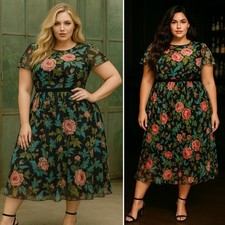 Mac Duggal Floral Illusion Cap Sleeve Midi Dress Black Multi Sheer NWT Size 26