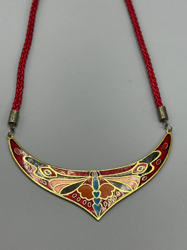 Vintage Art Nouveau Cloisonné Enamel Butterfly Bib Necklace - Red Braided Rope - Image 2 of 4