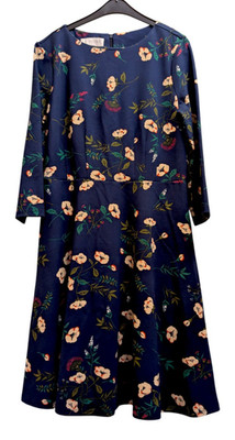 Hobbs Navy Telula Dress mid length skater round neck 3/4 sleeves multi Size 12