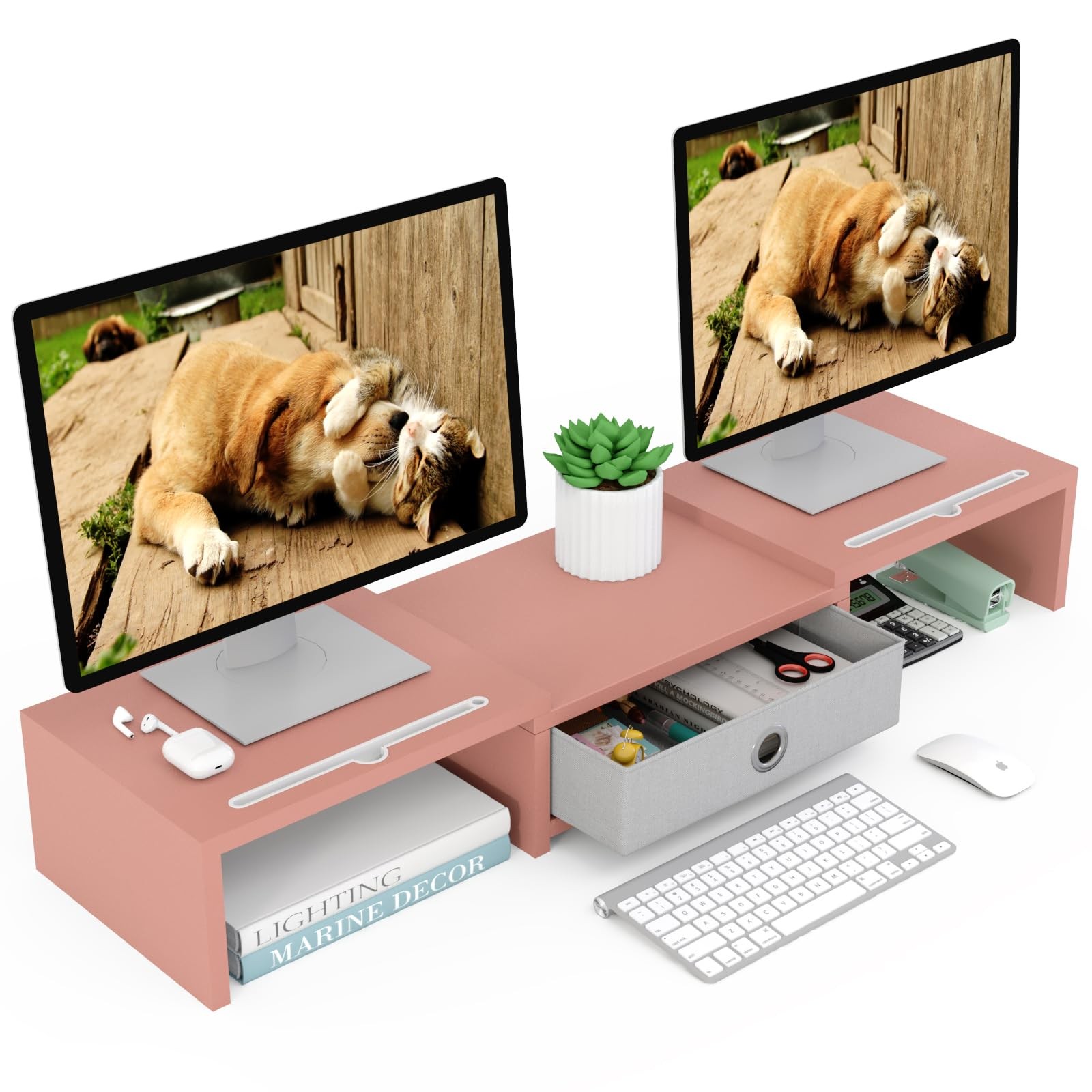 Dual 3 Shelf Computer Riser with Drawer, Adjustable Length and Angle, Desktop...