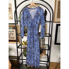 Japna Womens Blue Brown Floral Maxi Dress M Smocked Waist V Neck Boho