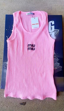 Miu Miu Pink Ribbed Knit Logo Sleeveless Scoo...