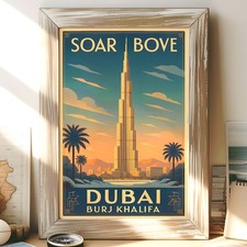 Dubai Skyline Poster - Art Deco Wall Art Print with Burj Khalifa Sunset