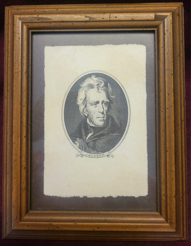 Vintage Framed Engraving on Parchment Paper of Andrew Jackson Seen on Currency 