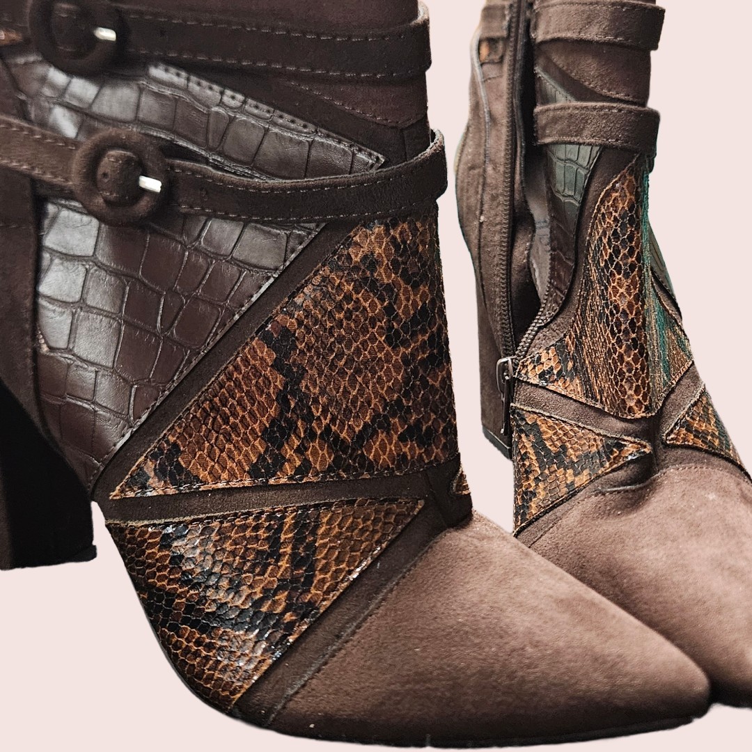 JUST FAB Adler Patchwork Heeled Bootie Brown Snak… - image 5