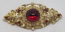 Sphinx Vintage Gold Plated Red Cabochon & Faux Pearl Filigree brooch.