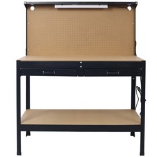 Black Steel Workbench 47.5x23.6" w/ Pegboard, Drawers, LED, AC Outlets