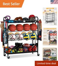 Garage Sports Equipment Organizer - Rolling Ball Storage Bin with Wheels, Gar...