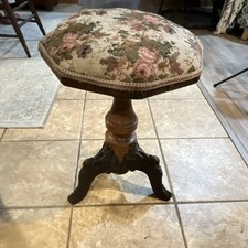 Octagon Floral Upholstered Vanity Stool, Wood Pedestal Base, 1-Seat