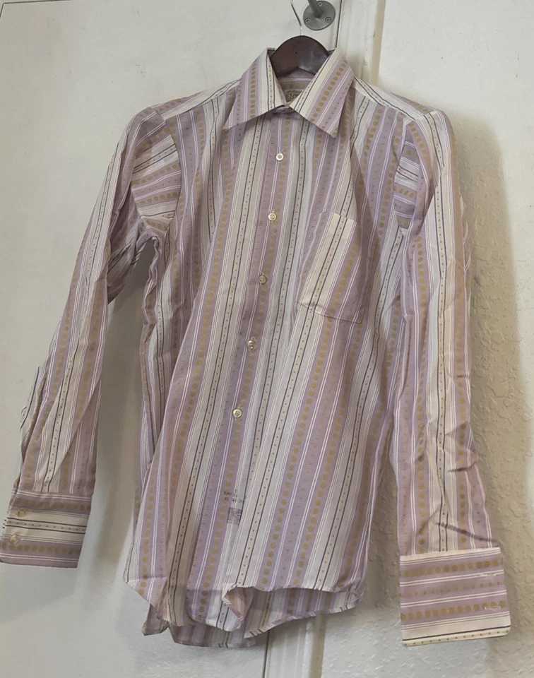Nueva Camisa de Vestir Vintage Años 70 Manhattan Poli Lavanda Elegante a Rayas S 15 X 33 34 Foto 2 de 4
