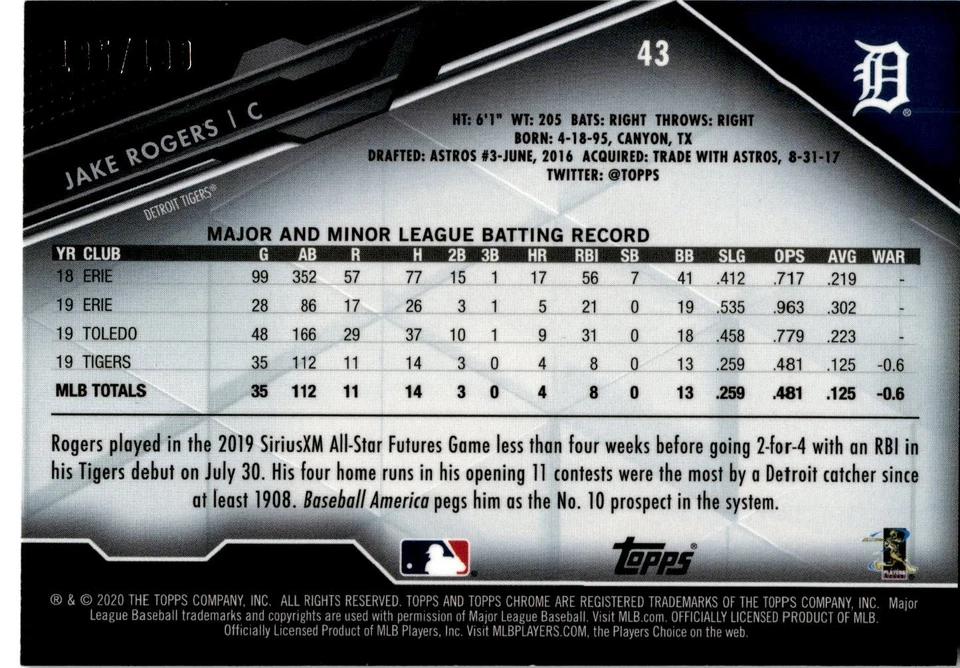 2020 Topps Chrome Black - Jake Rogers #43 Refractor /199 (RC) BoxII - Image 2 of 2