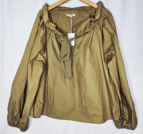 Free Assembly Womens Ruffle Neck Long Sleeve Top Blouse Olive Green 2XL