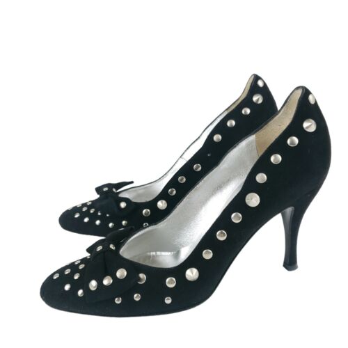 Dolce & Gabbana Black Suede Studded Bow Heels Size 36.5 US 6.5 - 2 STUDS MISSING
