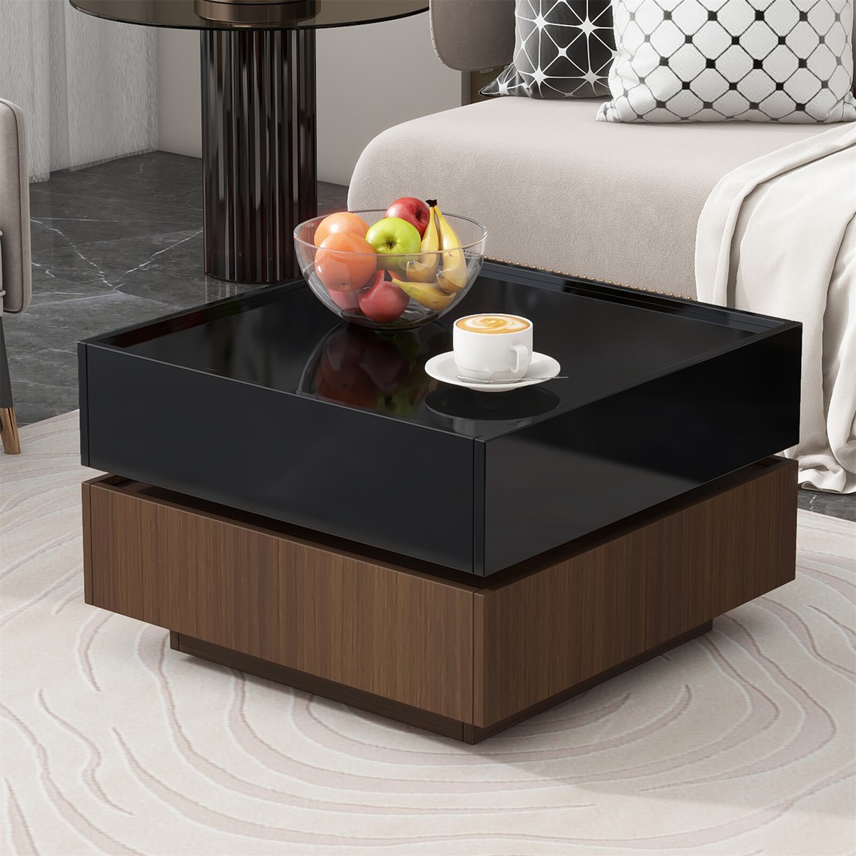 360??Rotating Coffee Table 2-Tier Center Table with Drawers