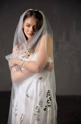 Veil with flowers Multi Colored Secret Garden Tulle Embroidered Mesh Wedding - Picture 3 of 5