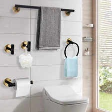 304 Stainless Steel Towel Rack Set 5-Piece Bathroom Hardware Set Black and Gold