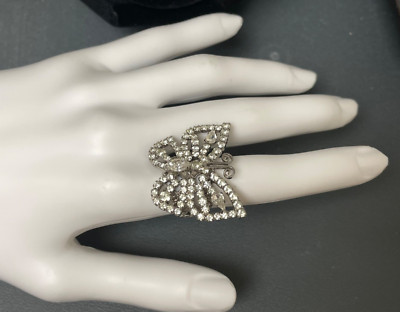 Signed Tiara Misu butterfly Ring Silver Toneotnate filigree 6 7 8 9 rhinestone