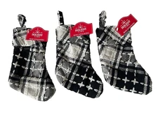 Holiday Time Lot of 3 Mini Black & White Plaid Christmas Stockings 7" New