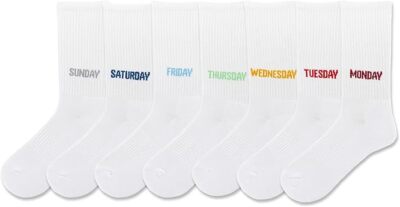 Hot Sox Unisex Days Of The Week Crew Socks 7 Pair, White Assort, Small/Medium