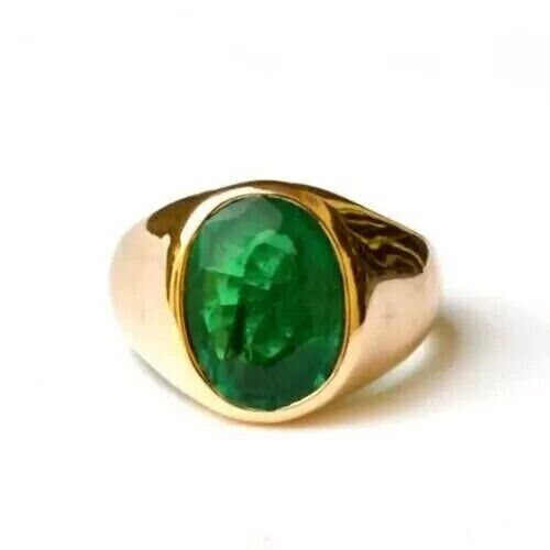 3Ct Oval Cut Lab-Created Green Emerald Men's Ring 14k Yellow Gold Plated Silver - Picture 2 of 6