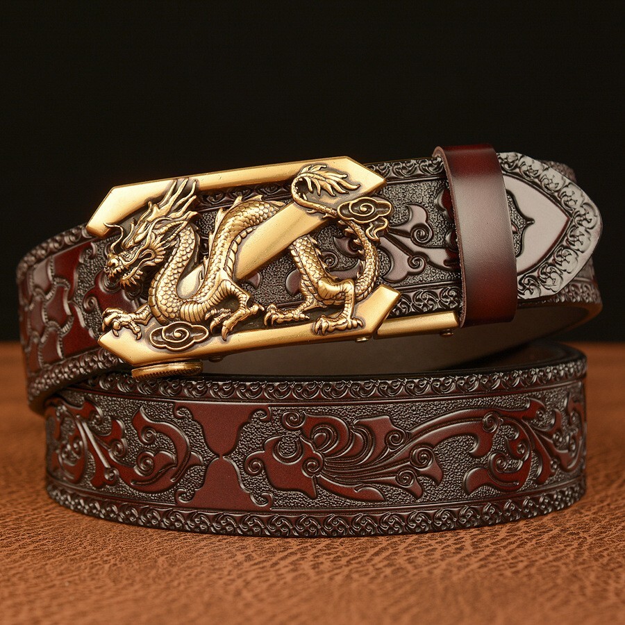 Leather belt with automatic buckle for men cowhide carved belt for men-image