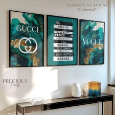 Set of 3 Set Of 3 Teal Green & Gold Fashion print logo Aesthetic Wall Art