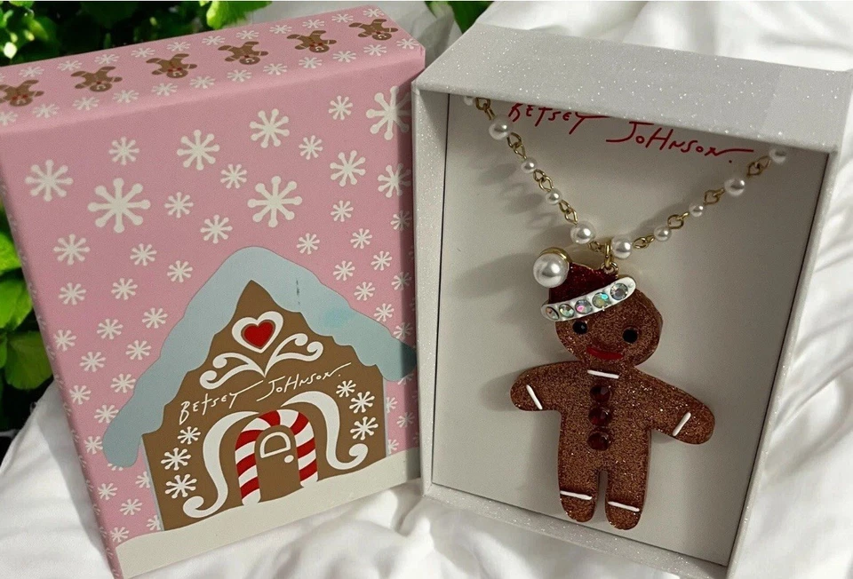 Collar Betsey Johnson Pan de Jengibre Hombre Brillo Vacaciones Colgante Estrás Nuevo Foto 2 de 4