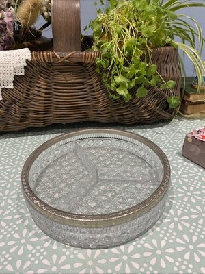 Vintage - schwere, runde, geteilte Schale aus Glas, Relish Schale mit Silberrand