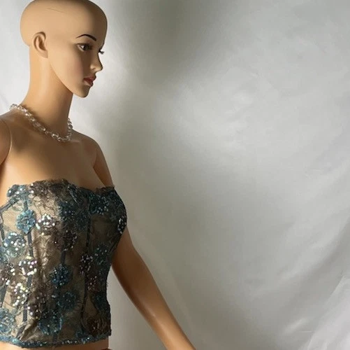 Alberto Makali Talla 12 Verde y Taupe Seda Encaje Lentejuelas Bustier-Cóctel Formal ¡GUAU! Foto 4 de 4