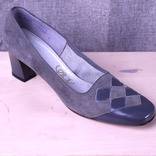 Vintage Selby Leather Pumps Womens 7.5 3A/5A Geometric Gray Suede Block Heels