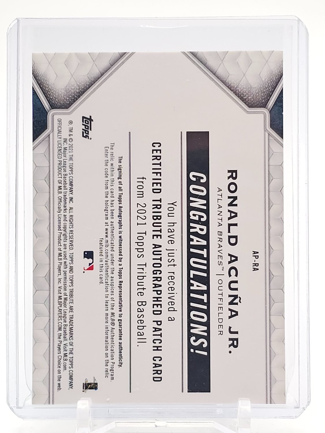 RONALD ACUNA JR. 2021 TOPPS TRIBUTE GAME-USED PATCH AUTO /50 #AP-RA BRAVES Q0678 view 2