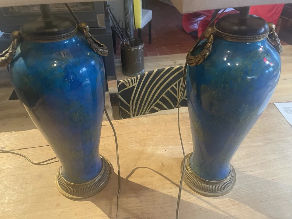 Paire De Vases En Faïence Glacurée Bleue Et Verte"SIGNÉES ! - Photo 3/4