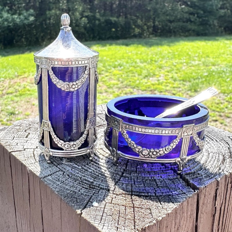 Vintage Mema Sweden Cobalt Glass .925 Sterling Silver Salt Cellar, Shaker, Spoon