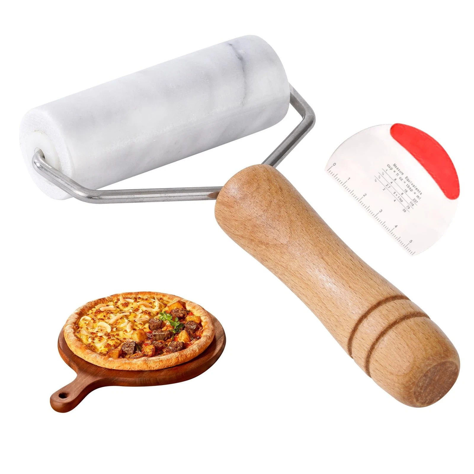 Small Marble Rolling Pin Pizza Roller with Dough Scraper Cutter, Marble Rolle...