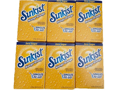 Sunkist MANGO ORANGE Singles To Go Drink Mix Zero Sugar 6 Boxes (36 Packets) NEW