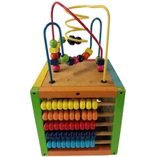 Multicolor Wooden Activity Cube with Bead Maze and Sliding Blocks - Educational