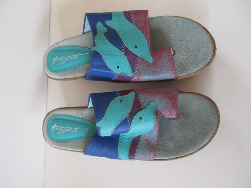 Art effects Brazil Dolphin Leather Sandals Wedge Purple Turquoise 8 - Picture 2 of 10