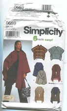 SIMPLICITY 0659 MISSES' PONCHO & WRAPS W/ VARIATIONS ONE SIZE UNCUT 2000