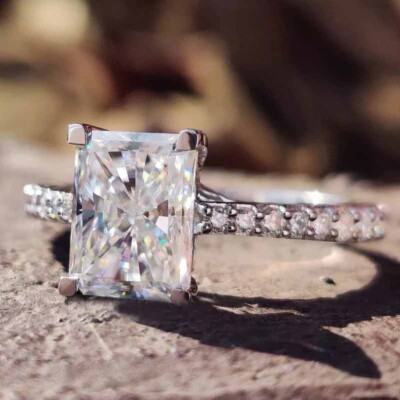 3.50 CTW Radiant Moissanite Solitaire  Accent Wedding Ring 14k White Gold Plated