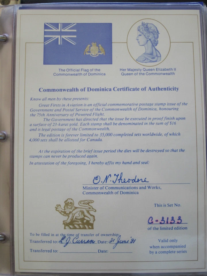 Dominica 'Grandes primicias en aviación' - Serie de estampillas de lámina de oro Foto 2 de 4